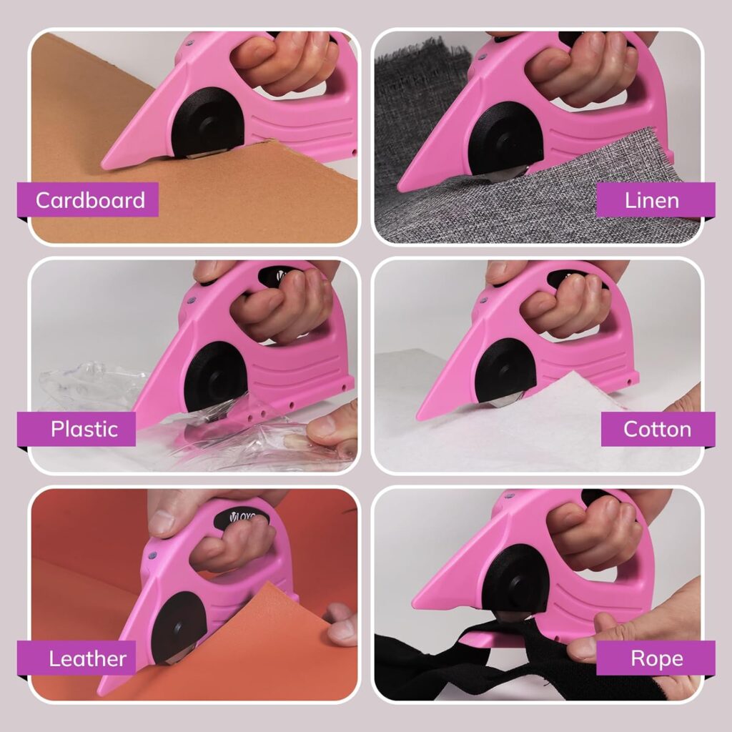 Six photos of a pink VLOXO rotary scissors cutting cardboard, linen, plastic film, cotton, leather and rope