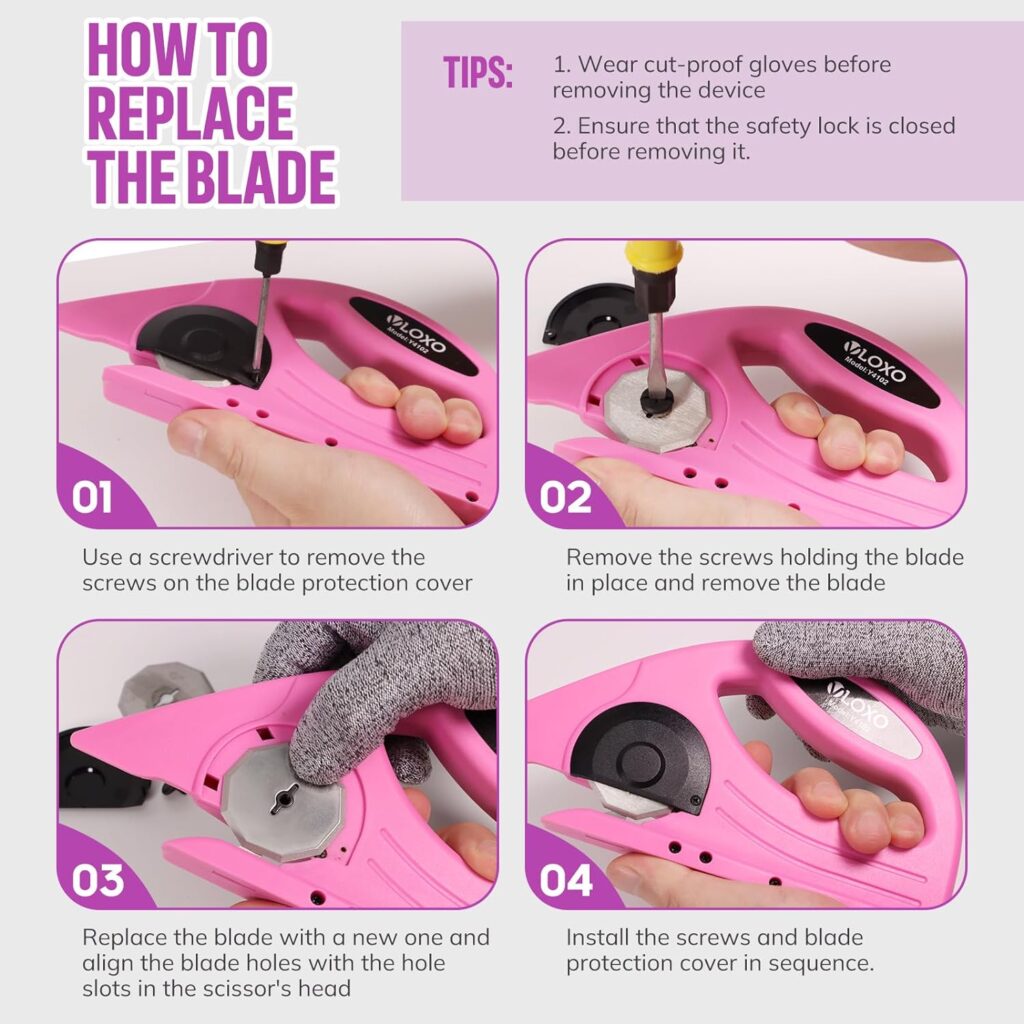 Four-step photo guide to replacing the blade on a pink VLOXO rotary scissors with a screwdriver