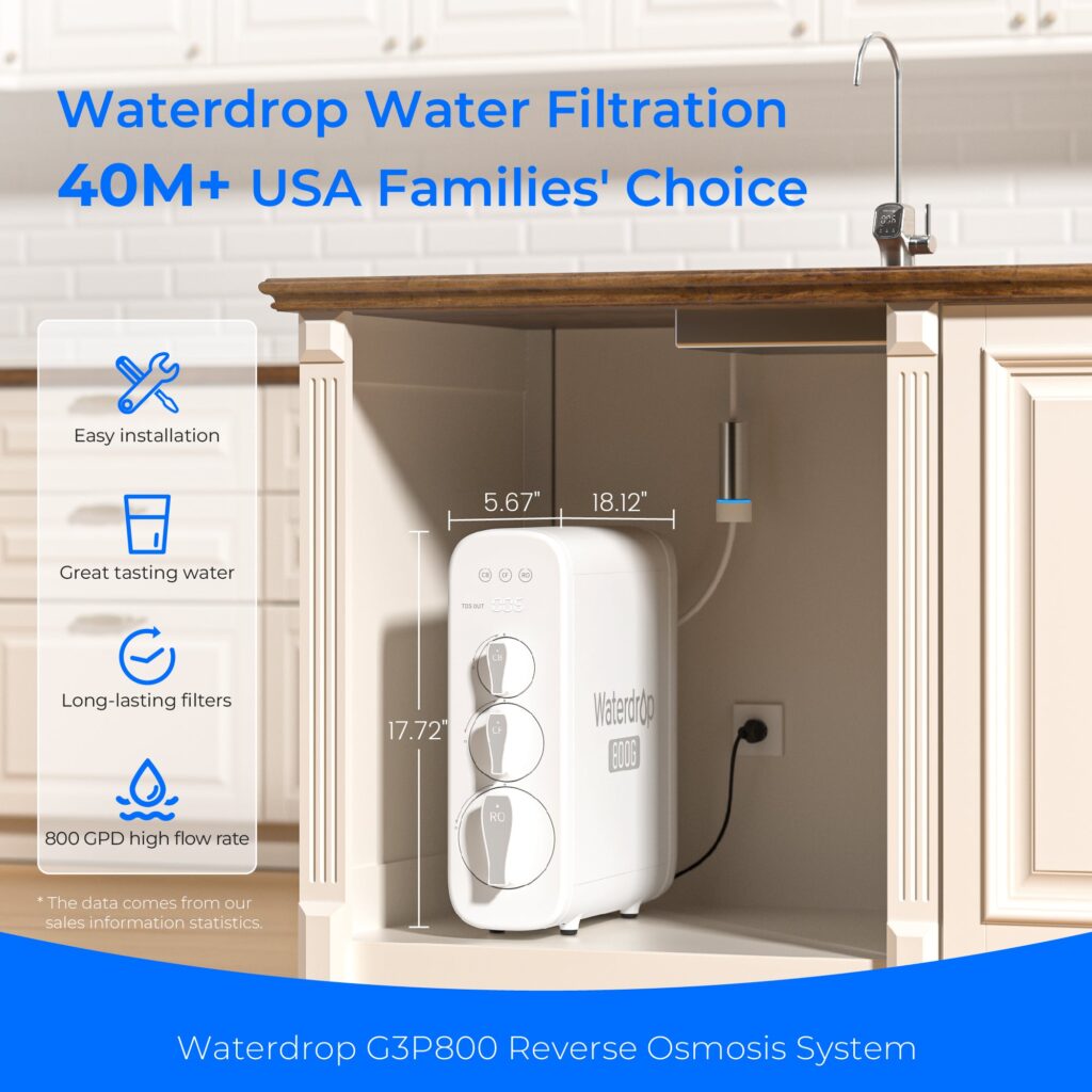 Waterdrop G3P800 installed in an under-sink cabinet with its dimensions marked