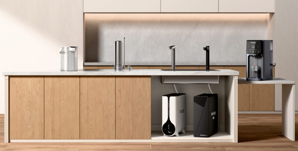 Waterdrop products in a kitchen, including a pitcher, a faucet filter, under-sink systems and a countertop dispenser