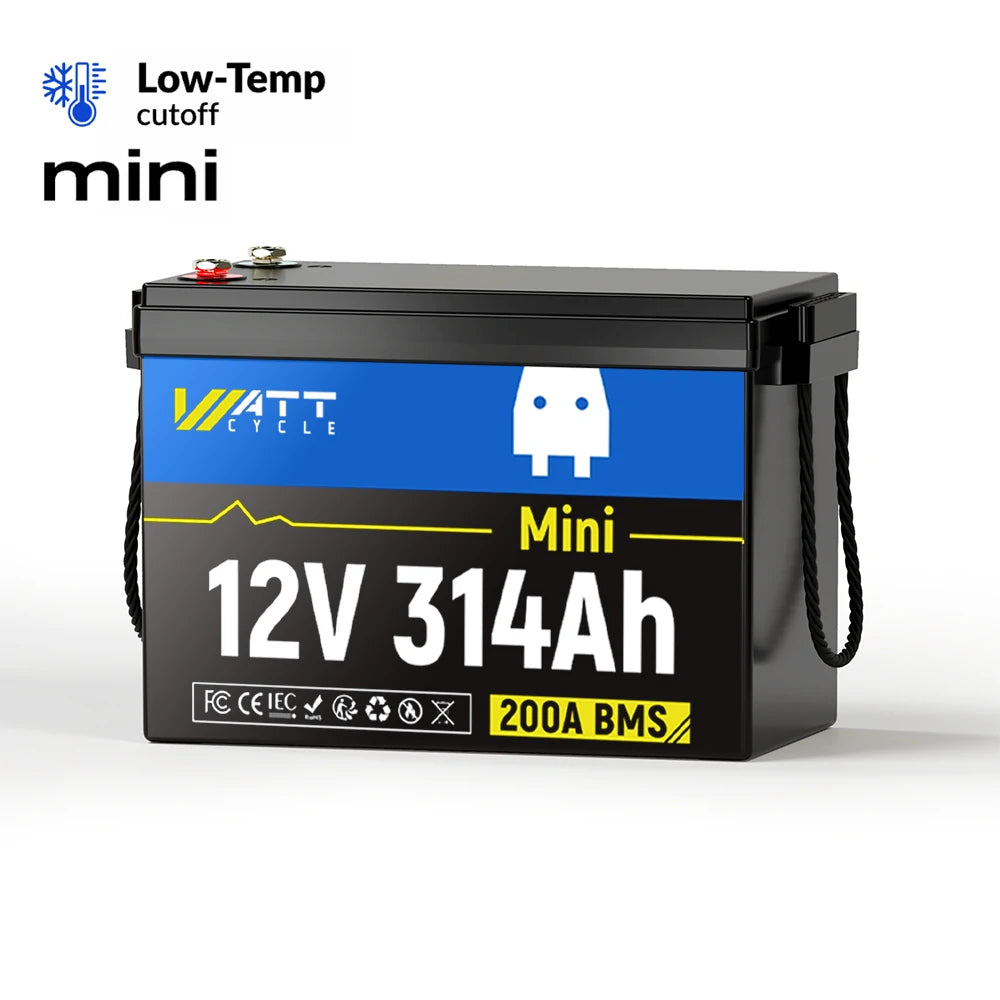 WattCycle 12V 314Ah Mini LiFePO4 battery with a 200A BMS label, the larger step up from the 100Ah