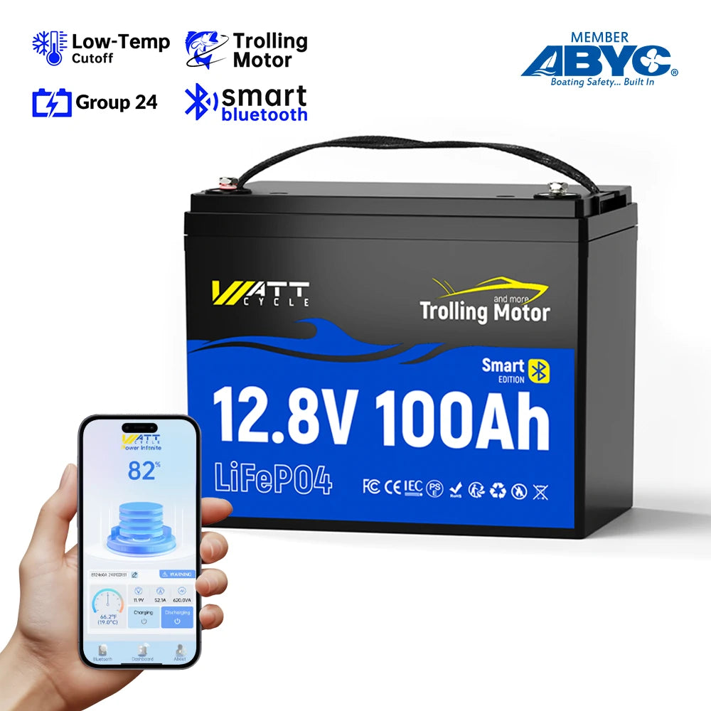WattCycle 12V 100Ah trolling motor Bluetooth battery with a phone showing the monitoring app