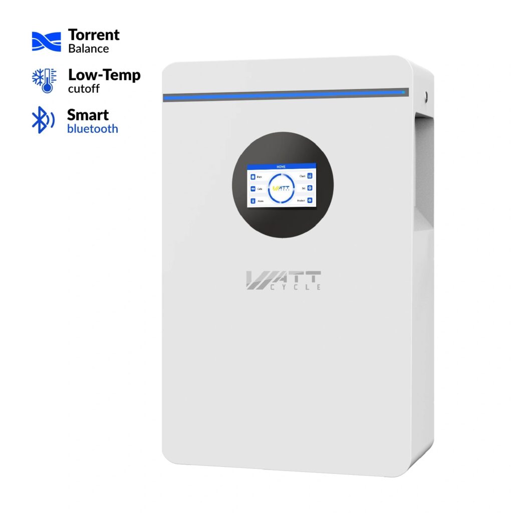 WattCycle 48V wall-mounted LiFePO4 home storage battery with a front display