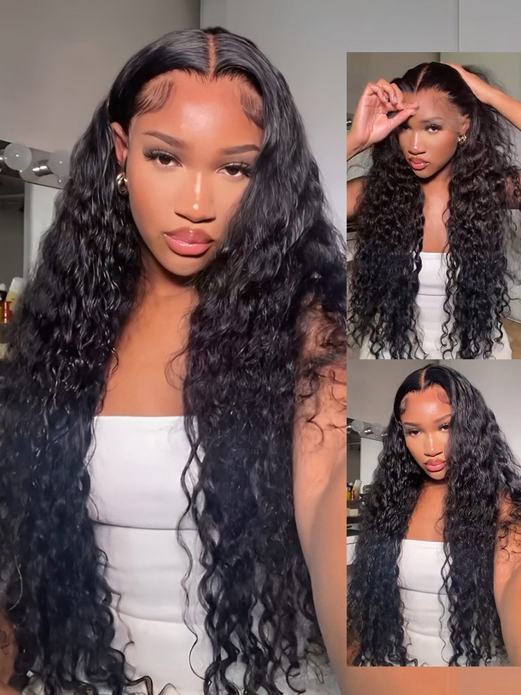 Long loose deep wave lace front wig shown from three angles