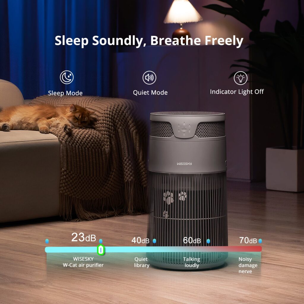Gray WISESKY W-Cat purifier in a dim living room beside a sofa where a cat sleeps, with a noise scale starting at 23 dB