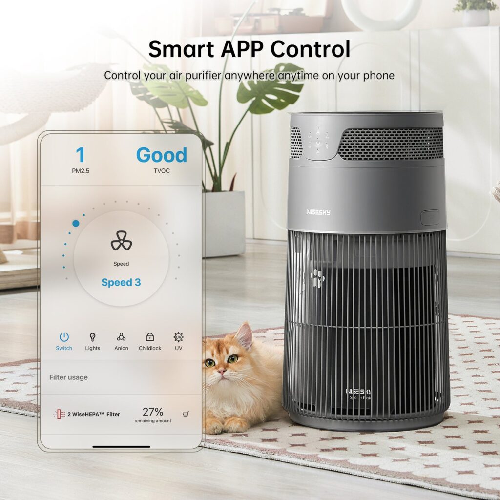 Phone app screen showing fan speed and filter usage next to the gray W-Cat, with a cat lying on the rug