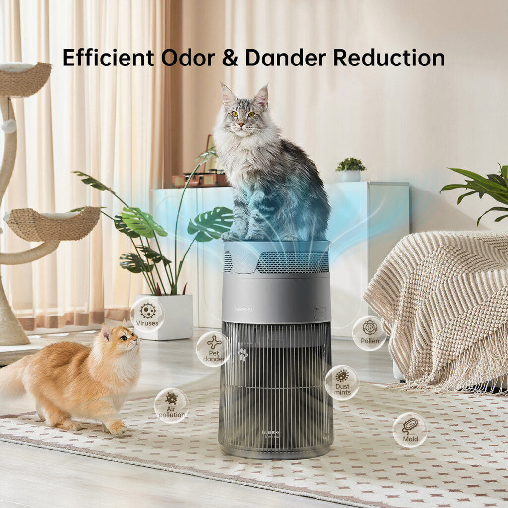 Gray WISESKY W-Cat purifier in a bright living room with one cat perched on top and another cat on the rug