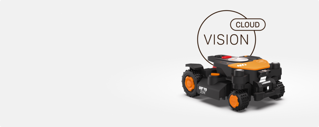 WORX Landroid Vision Cloud 4WD robot mower beside the Vision Cloud badge