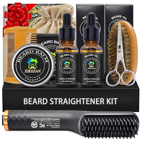 XIKEZAN beard straightener kit box with a heated brush, two beard oils, balm, comb, brush and scissors