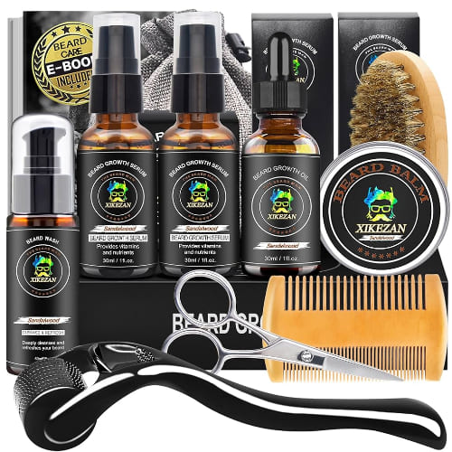 XIKEZAN beard growth kit with serums, growth oil, balm, derma roller, comb, brush and scissors