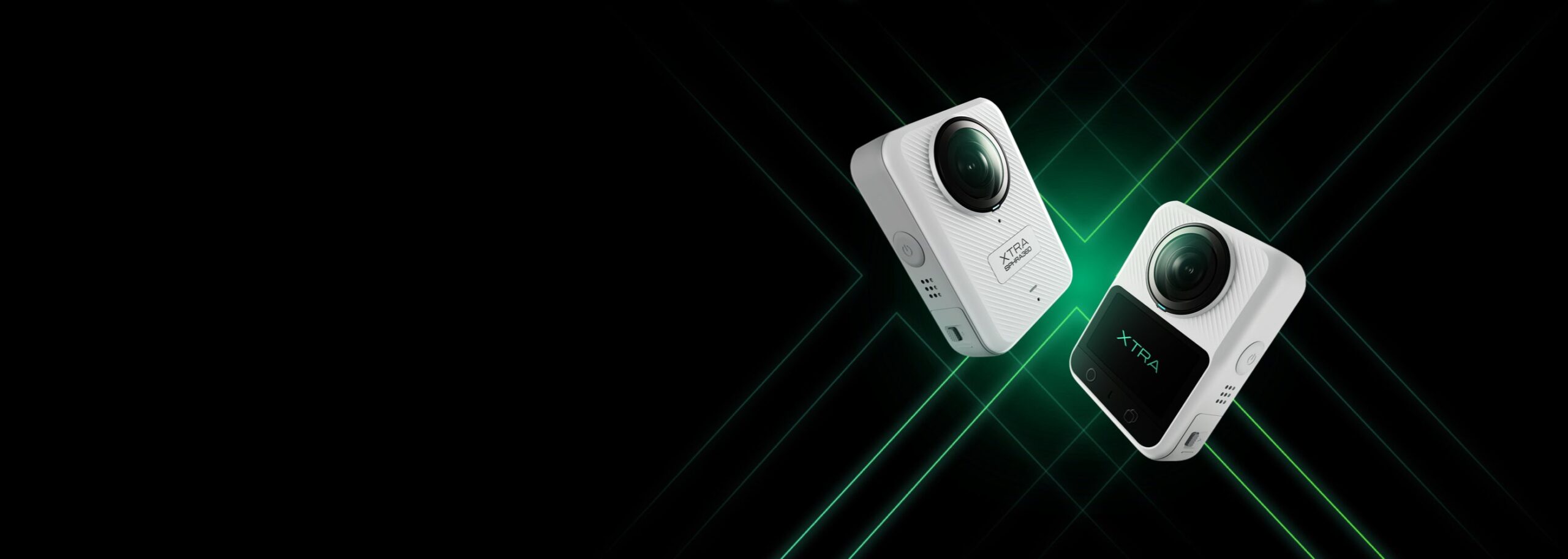 Two Xtra 360 cameras against a black background with green light lines