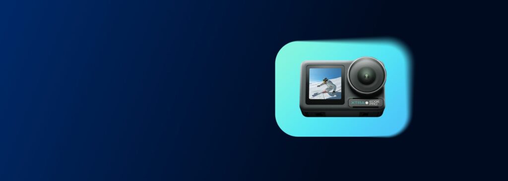 Xtra Edge Pro action camera with its front screen showing a skier