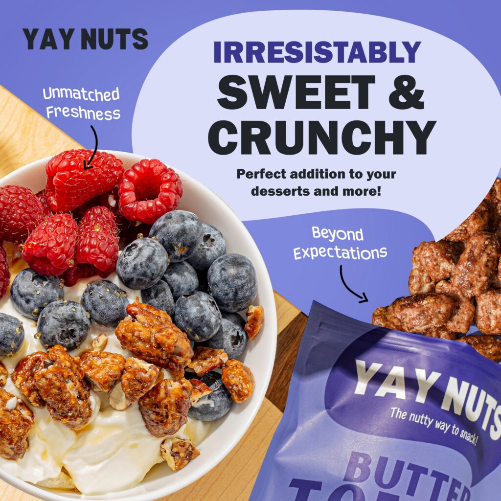 Bowl of yogurt and berries topped with YAY NUTS butter toffee pecans