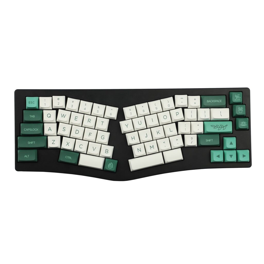 Black YMDK Alice-layout keyboard with a split, angled key layout and green and white keycaps