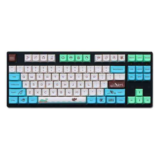 Tenkeyless YMDK keyboard with Animal Forest themed keycaps in white, blue, green and brown