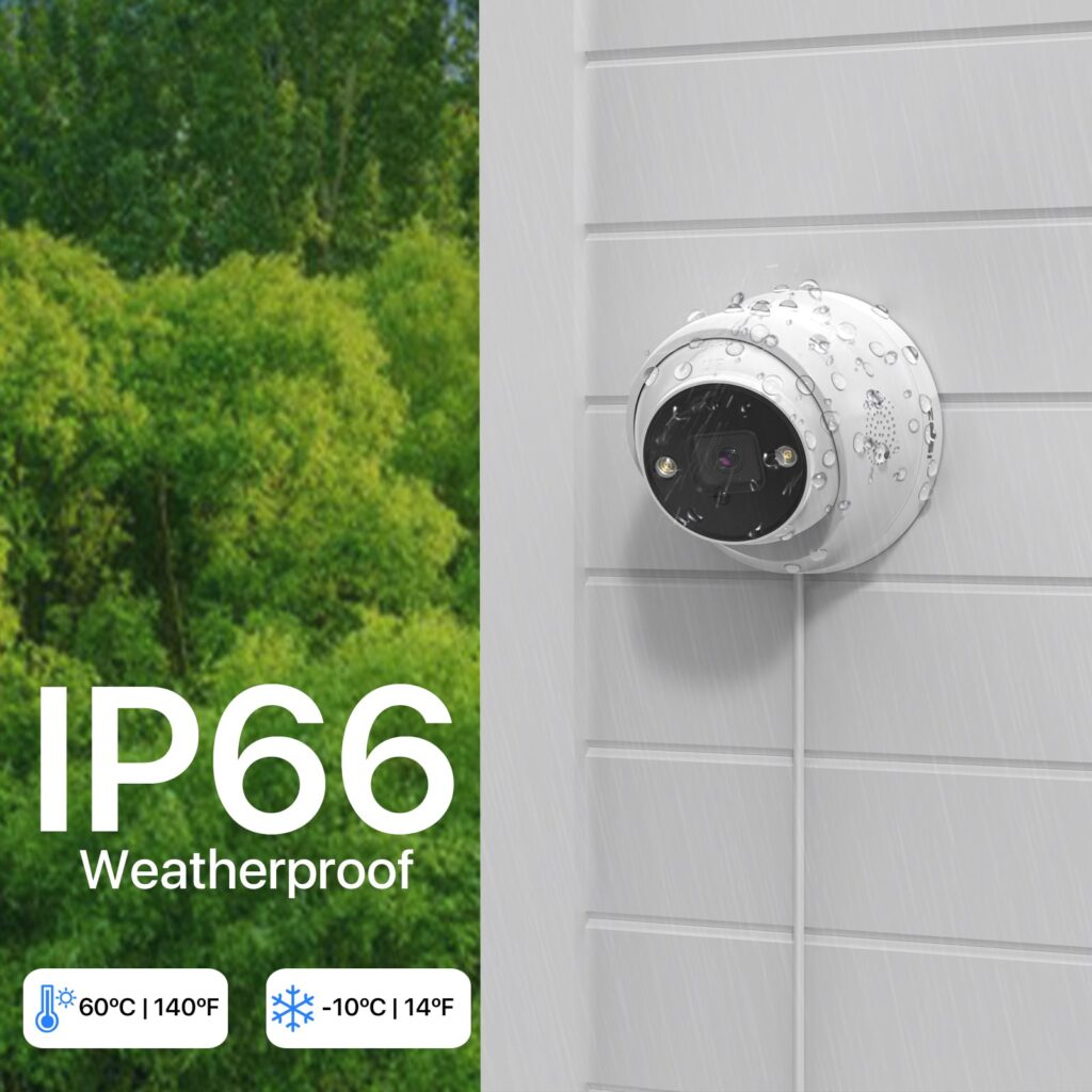 White ZOSI dome camera mounted on an outdoor wall with raindrops on its housing