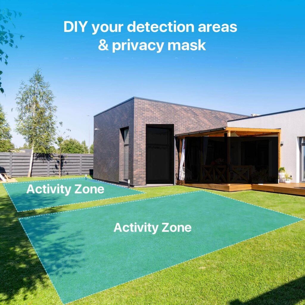 Backyard view with two green activity zones marked on the lawn and a privacy mask over part of the house