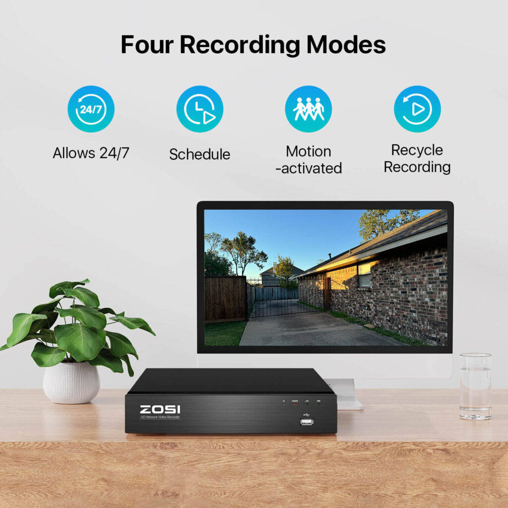 ZOSI network video recorder on a desk in front of a monitor showing a driveway, with icons for four recording modes