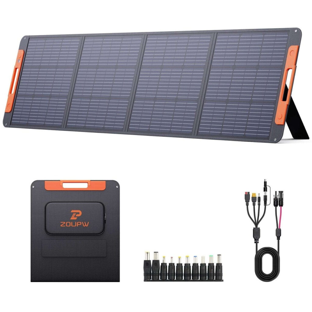 ZOUPW 200W foldable solar panel with a solar angle guide, shown with its carrying bag and adapter cables