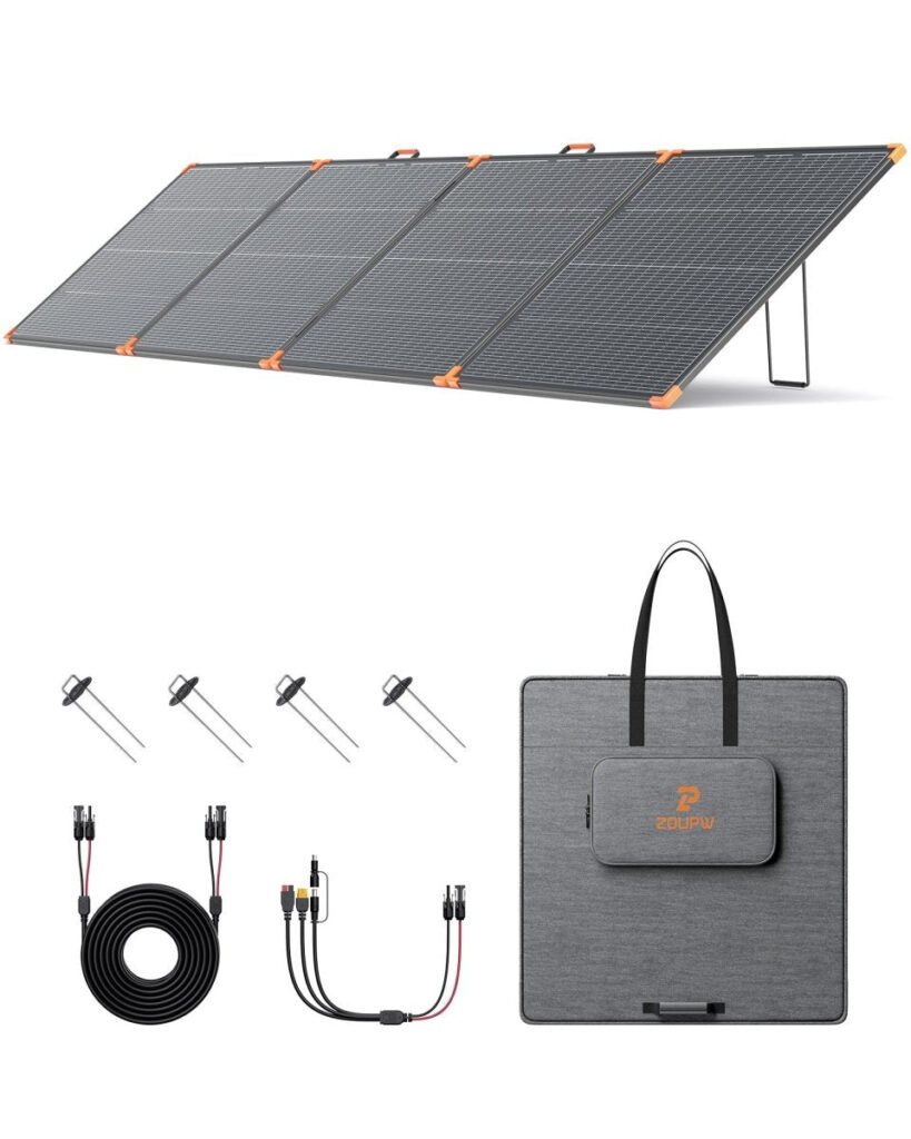 ZOUPW 480W bifacial solar panel shown with its carrying bag, ground stakes and adapter cables