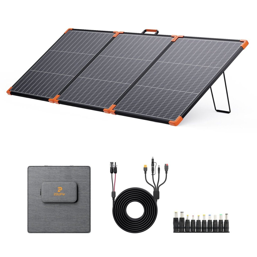 ZOUPW 180W tri-fold bifacial solar panel unfolded, with its carrying bag and adapter set